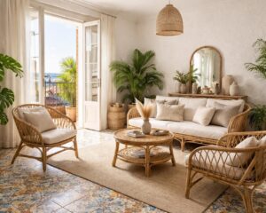 Aménager un appartement sétois méditerranéen avec carreaux de ciment Bahya et mobilier rotin