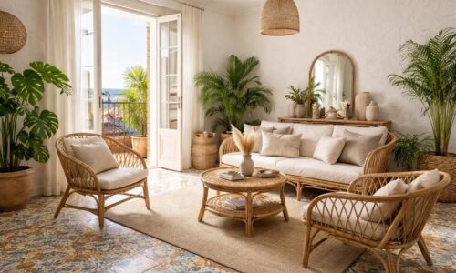 Aménager un appartement sétois méditerranéen avec carreaux de ciment Bahya et mobilier rotin