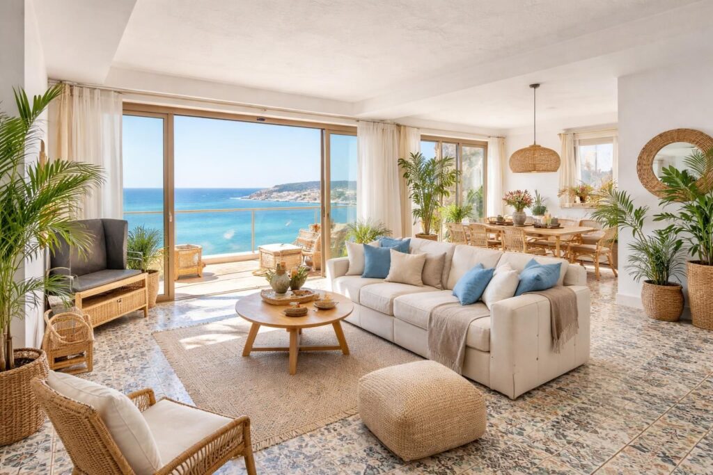 Immobilier Sète : appartements vue mer décorés style méditerranéen avec carreaux de ciment