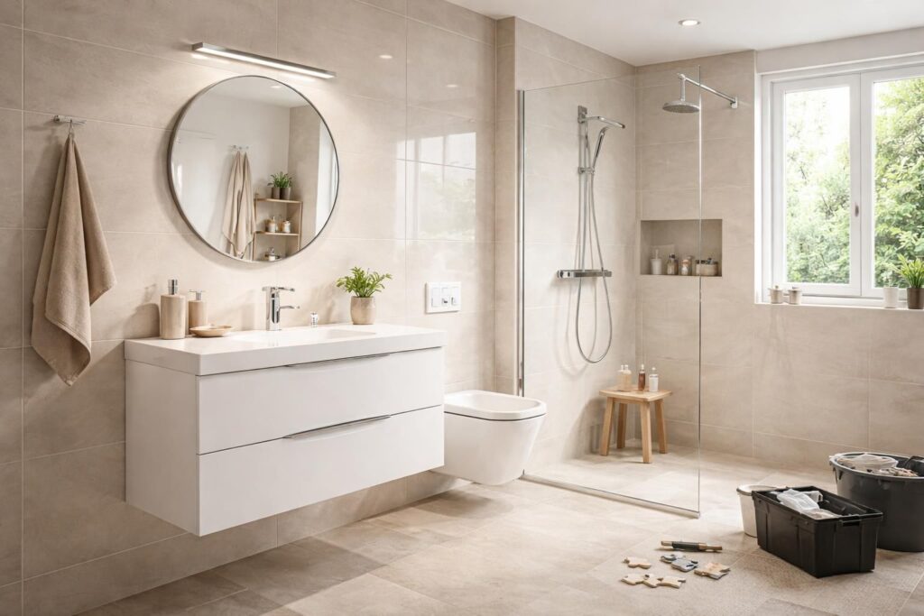 Rénover votre salle de bain avec du carrelage Leroy Merlin et robinetterie Grohe