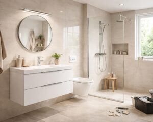 Rénover votre salle de bain avec du carrelage Leroy Merlin et robinetterie Grohe